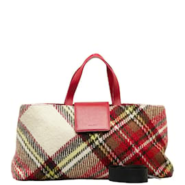 Burberry-Burberry Check Wool Handbag Canvas Handbag in Good condition-Red
