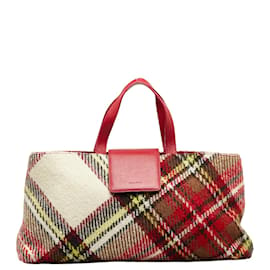Burberry-Burberry Check Wool Handbag Canvas Handbag in Good condition-Red