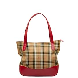 Burberry-Burberry Haymarket Check Canvas & Leather Tote Bag Canvas Tote Bag in Good condition-Brown