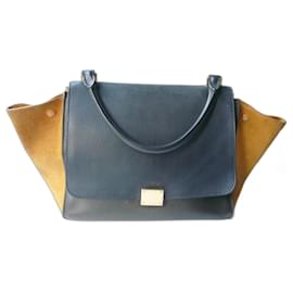 Céline-CELINE Correct dreifarbige Trapeztasche aus zwei Materialien-Marineblau