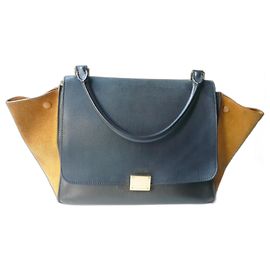 Céline CELINE Correct tricolor two-material trapeze bag Navy blue