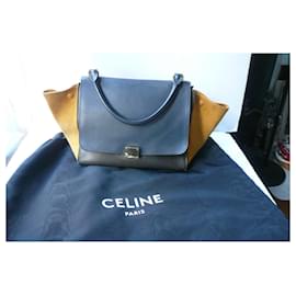 Céline-CELINE Correct tricolor two-material trapeze bag-Navy blue