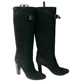 Hermès-HERMES Bottes hautes daim noir tige souple TBE T39,5 IT-Noir