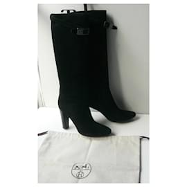 Hermès-HERMES High boots black suede soft upper very good condition T39,5 Item-Black