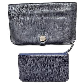 Hermès Dogon Duo Geldbörse Togo Leder Dunkelblau Dunkelblau
