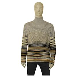 Missoni-Missoni Gray Khaki Wool Rib Knit Striped Turtleneck Top Sweater Blouse size 54-Grey