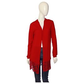 Emilio Pucci Strickjacke aus rotem Schurwollstrick und Spitze mit offener Vorderseite, Cardi, Größe L Rot
