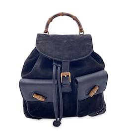 Gucci-Bolsa de ombro de mochila de bambu de couro de camurça preta vintage-Preto