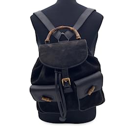 Gucci-Bolsa de ombro de mochila de bambu de couro de camurça preta vintage-Preto