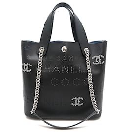 Chanel-Logo Perforated Leather Eyelet Shopping Tote AS0487-Black
