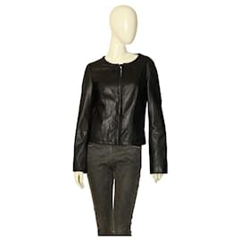 René Lezard-Rene Lezard lambskin Ultra Soft Leather Collarless Jacket Size 36 hook eye-Black
