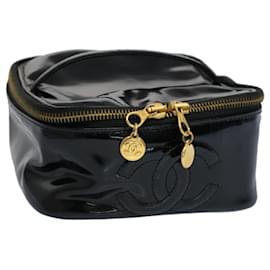 Chanel-CHANEL Vanity Cosmetic Pouch Patent leather Black CC Auth yb378-Black