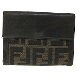 Fendi-FENDI Zucca Canvas Wallet Black Brown Auth 56791-Brown,Black