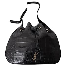 Saint Laurent-Saint Laurent Medium Paris VII Hobo Croc Effect Bag in Black Leather-Black