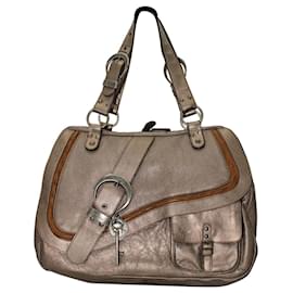 Dior-Dior Gaucho Large Tote Bag in Silver Metallic Leather-Silvery,Metallic
