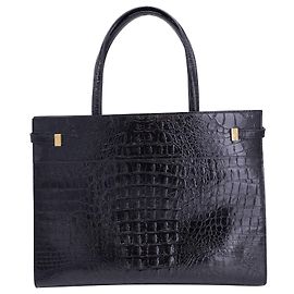 Sac Cabas Saint Laurent Manhattan en Cuir Embossé Crocodile Noir Noir