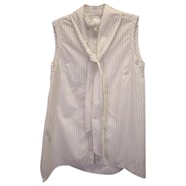 Brunello Cucinelli-Brunello Cucinelli Sleeveless Striped Tie-Neck Shirt in White Cotton-Other