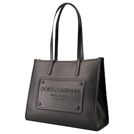 Dolce & Gabbana-Bolso Tote Con Placa En Relieve - Dolce&Gabbana - Piel - Negro-Negro
