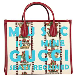 Gucci-gucci 100 Centennial Music Tote Bag Small in Beige Canvas and Red Leather-Beige
