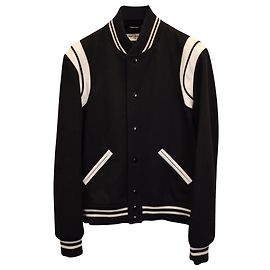 Saint Laurent Teddy Varsity Jacket in Black Wool Black