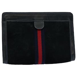 Gucci-GUCCI Sherry Line Clutch Bag Suede Black Red Navy 37 014 2126 Auth bs9200-Black,Red,Navy blue