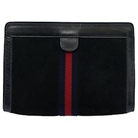 Gucci-GUCCI Sherry Line Clutch Bag Suede Black Red Navy 37 014 2126 Auth bs9200-Black,Red,Navy blue