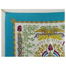 Hermès-Hermes scarf 1789 FREEDOM EQUALITY FRATERNITY SILK TURQUOISE SQUARE SCARF-Turquoise