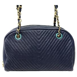 Chanel-NEW CHANEL BOWLING CHEVRON LEATHER HANDBAG92091 NAVY BLUE HAND BAG-Navy blue