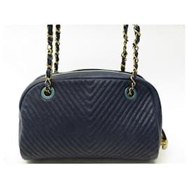 Chanel-NEW CHANEL BOWLING CHEVRON LEATHER HANDBAG92091 NAVY BLUE HAND BAG-Navy blue