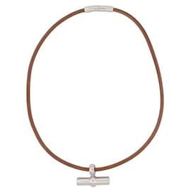Hermès-HERMES MAMBO NECKLACE IN BROWN LEATHER & PALLADIAN STEEL 42 CM LEATHER NECKLACE-Brown