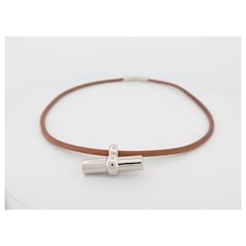 Hermès-HERMES MAMBO NECKLACE IN BROWN LEATHER & PALLADIAN STEEL 42 CM LEATHER NECKLACE-Brown