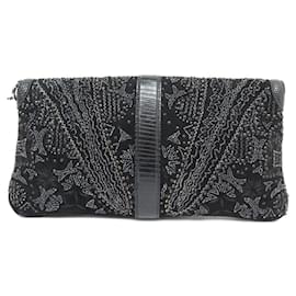 Gucci-GUCCI POUCH HANDBAG 150972 IN LIZARD LEATHER EMBROIDERED BEADS BLACK CLUTCH-Black