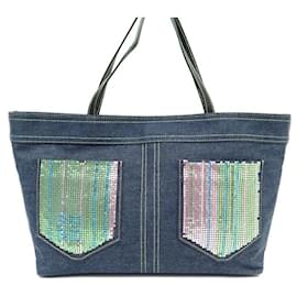 Givenchy-GIVENCHY HANDBAG TOTE DENIM AND BLUE SEQUINS CANVAS POCKET BLUE TOTE BAG-Blue