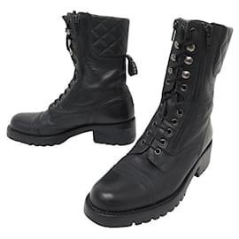 Chanel-CHANEL RANGERS SHOES 37 BLACK QUILTED LEATHER ANKLE BOOTS COMBAT BOOTS-Black