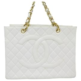 Chanel-VINTAGE SAC A MAIN CHANEL SHOPPING BAG LOGO CC 34CM CUIR MATELASSE BLANC-Blanc