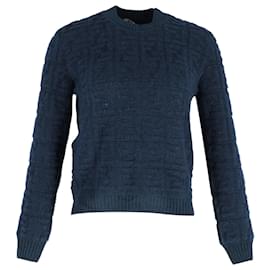 Fendi-Fendi FF Logo Intarsia Crewneck Sweater in Blue Mohair and Synthetic Blend-Blue