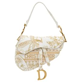 Dior-Sac de selle Dior en toile de Jouy blanche-Blanc,Doré
