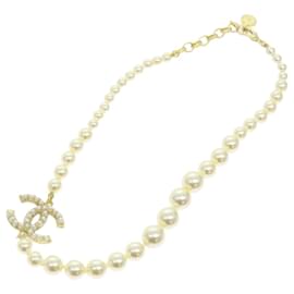 Chanel-CHANEL Collier de perles en métal ton or blanc Auth CC 56729A-Blanc,Autre