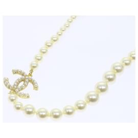 Chanel-CHANEL Pearl Necklace Metal White Gold Tone CC Auth 56729a-White,Other