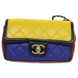 Chanel-CHANEL Matelasse Bolso de hombro con cadena Cuero Amarillo Púrpura Rojo CC Auth 57069EN-Roja,Púrpura,Amarillo