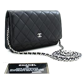 Chanel-Carteira CHANEL Clássica Clássica com Corrente WOC Bolsa de Ombro Pele de Cordeiro-Preto