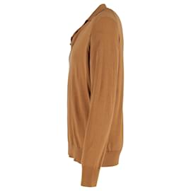 Loro Piana-Loro Piana Sea Island Vicuña-Blend Collar Polo Shirt in Brown Cotton-Brown