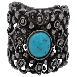 Gucci-Gucci Turquoise Filigree Wide Ring in Silver Metal-Silvery,Metallic