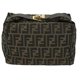 Fendi-FENDI Zucca Canvas Vanity pochette Sac à main Nylon Marron Noir Auth 56582-Marron,Noir