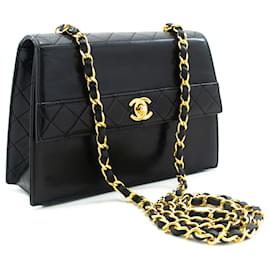 Chanel-CHANEL Petit sac à bandoulière en chaîne Cuir d'agneau matelassé noir à simple rabat-Noir
