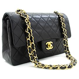 Chanel-Aba forrada Chanel Classic 9"Bolsa de Ombro em Corrente Pele de Cordeiro Preta-Preto