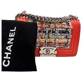 Chanel Boy Small Borsa in pelle d'agnello corallo e tweed multicolor Corallo