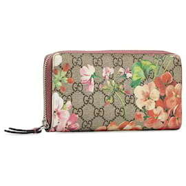 Gucci-Portafoglio lungo con cerniera Gucci GG Supreme Blooms marrone-Marrone,Beige