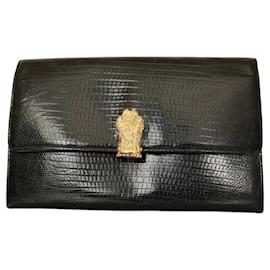 Gianfranco Ferré-Gianfranco Ferre Black Lizard Leather Flap Top Clutch Bag Goldtone Lion Paw-Black
