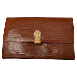 Gianfranco Ferré-Gianfranco Ferre Brown Lizard Leather Flap Top Clutch Bag Goldtone Lion Paw-Light brown
